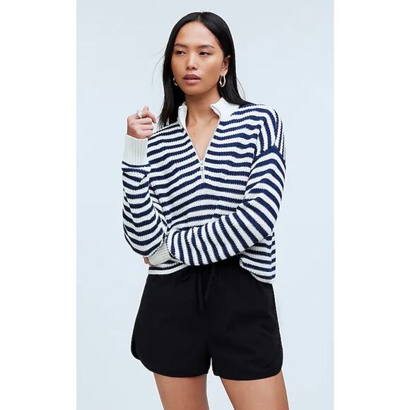 Madewell Ribbed Half-Zip Sweater in Stripe XS NWT‎ - Picture 1 of 9